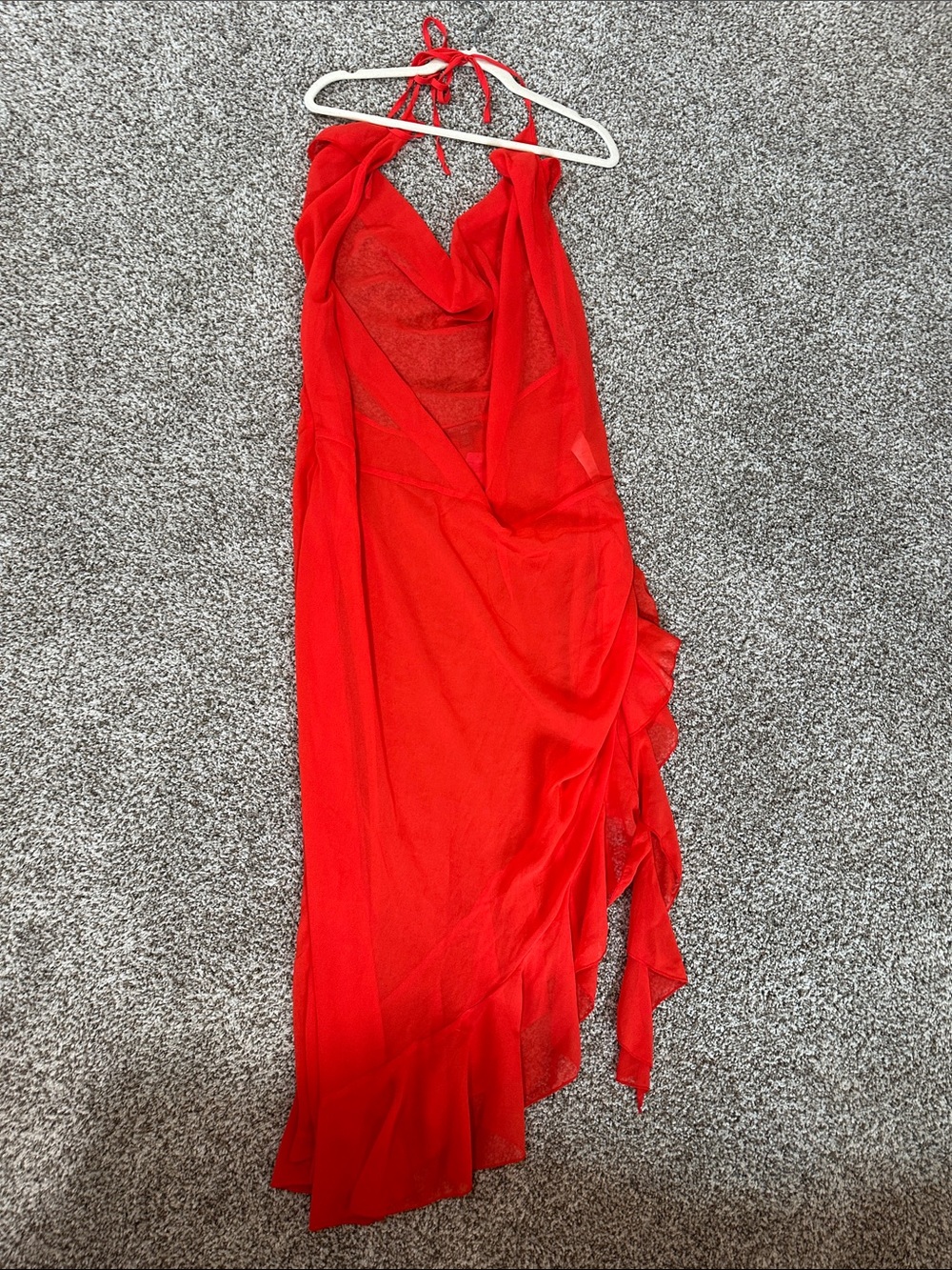PrettyLittleThing Red Halter Ruffle Maxi Dress